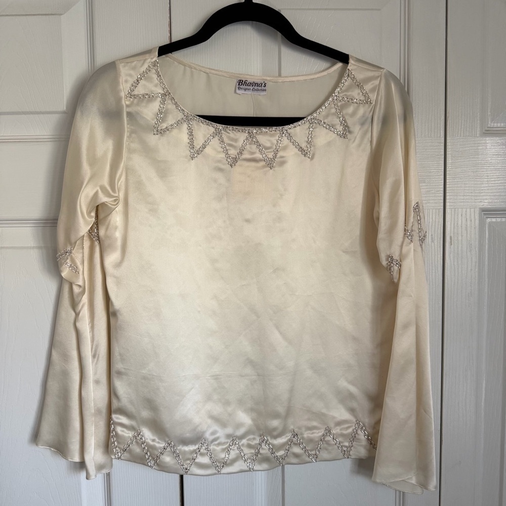 Vtg Bhavna's Designer Collection Blouse Womens 10 Ivory Beaded Silk Blend Satin